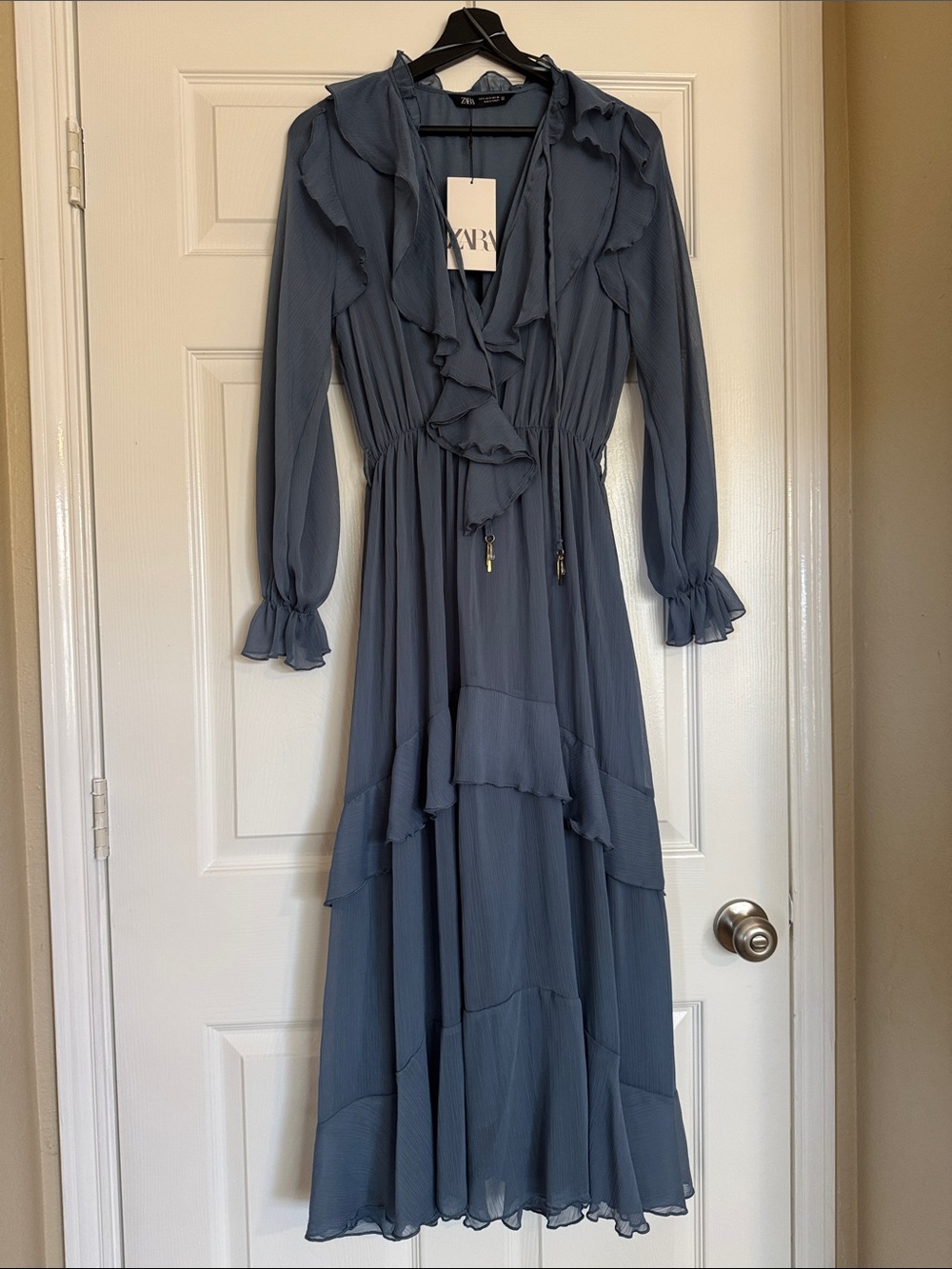Zara Slate Blue Ruffled V-Neck Maxi Dress - Picture 2 of 13